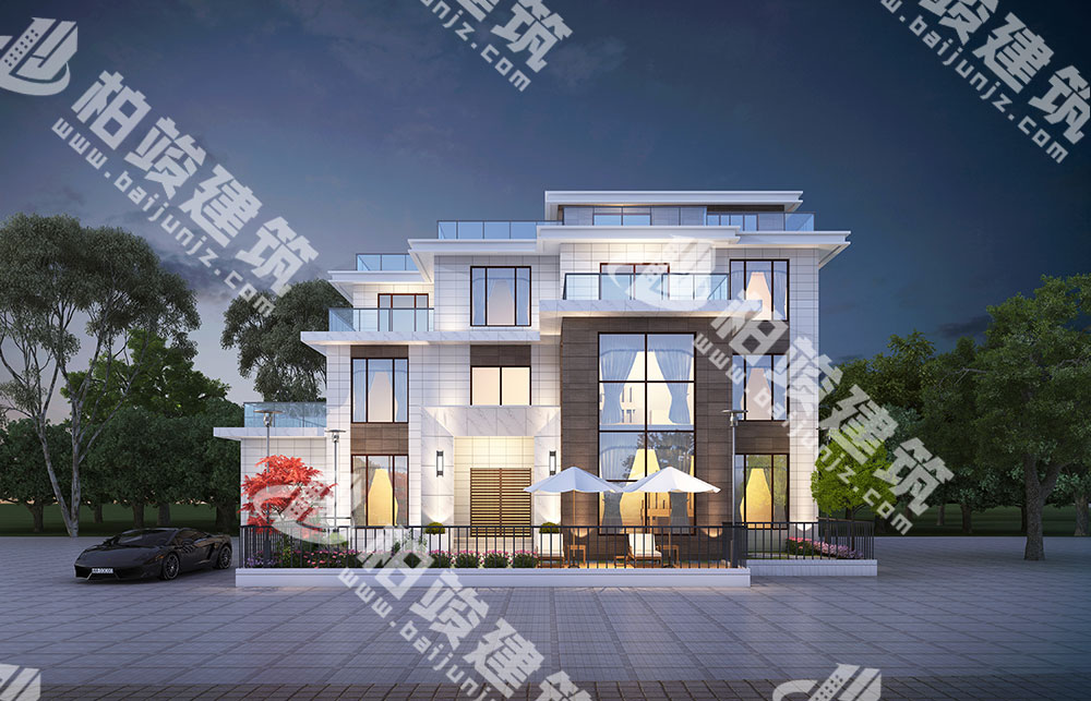 農(nóng)村三層自建房設(shè)計圖，現(xiàn)代感外形，平屋頂設(shè)計，帶車庫、5露臺