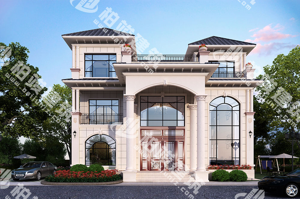 農(nóng)村三層簡歐風(fēng)別墅設(shè)計圖，超寬闊門庭大氣尊貴，帶挑空客廳落地窗