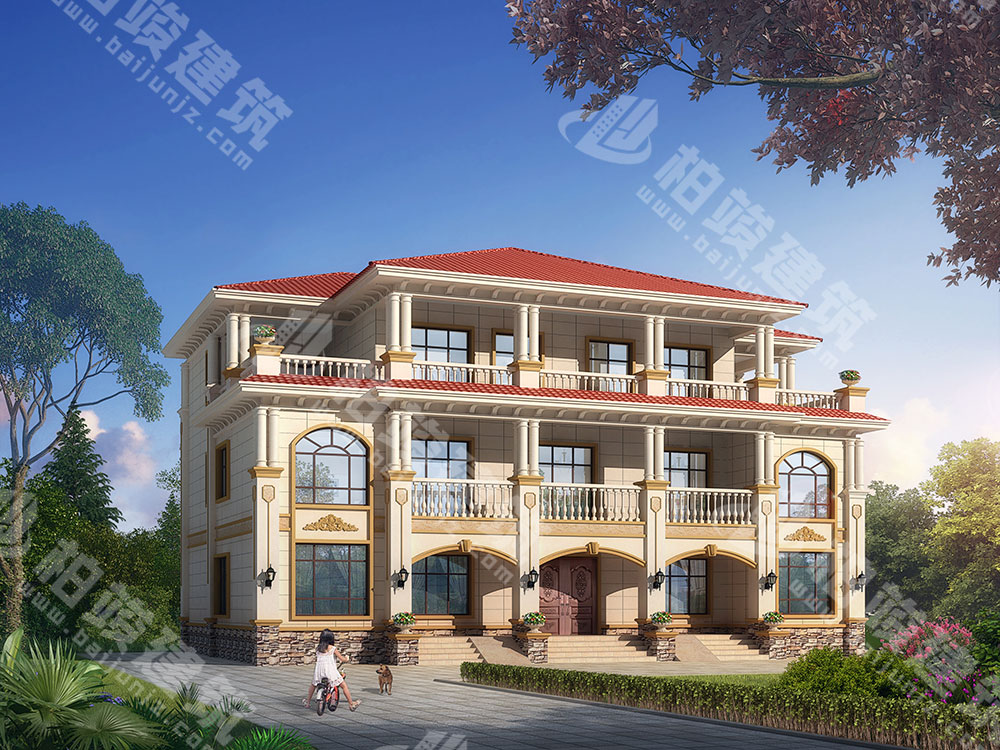 農(nóng)村自建房設(shè)計圖，三層雙拼別墅，氣派簡歐風(fēng)格，帶堂屋神龕位