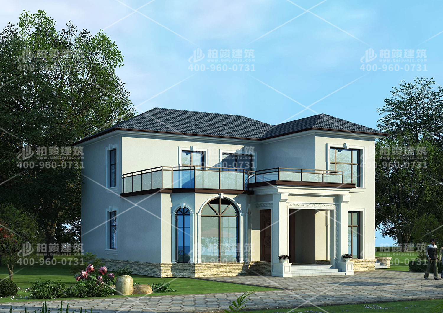 二層自建房效果圖，帶挑空客廳。