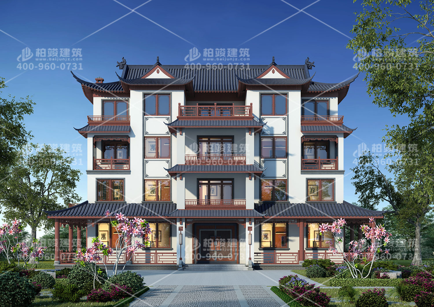 四層中式別墅效果圖，帶車庫(kù)設(shè)計(jì)出行更方便。