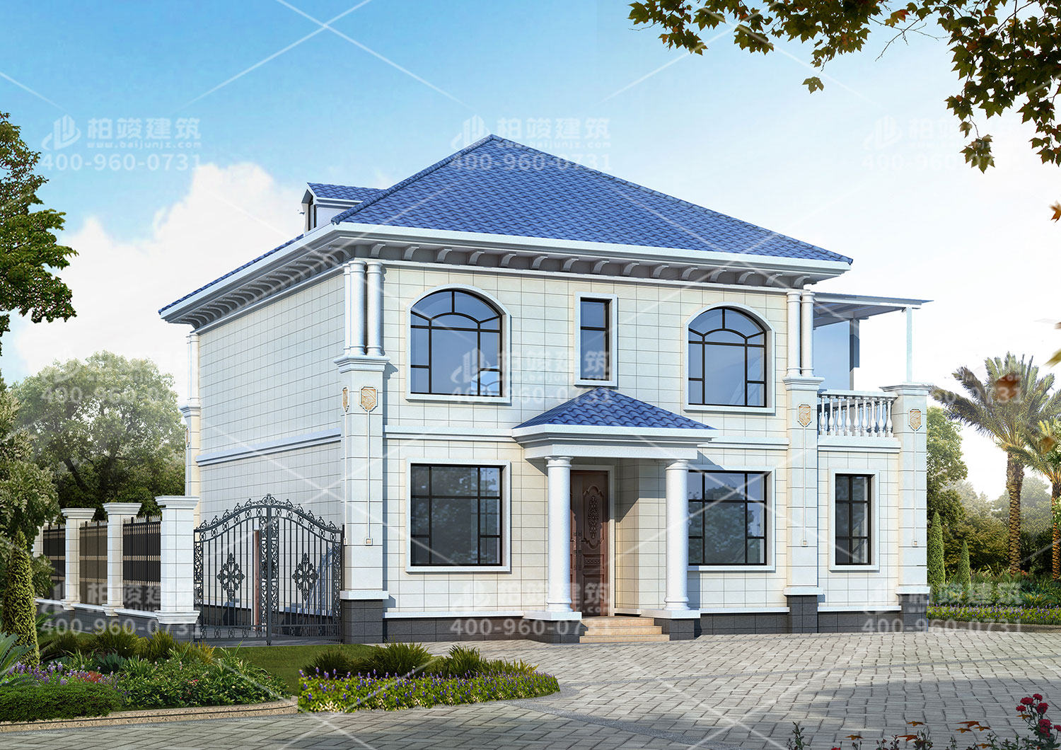 二層別墅效果圖，帶院子停車庫。