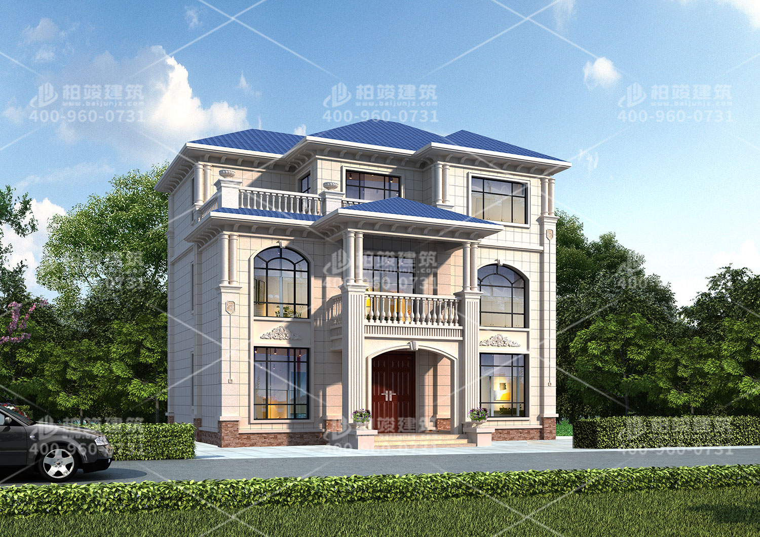 三層斜屋頂自建房效果圖，帶大露臺享受陽光浴。