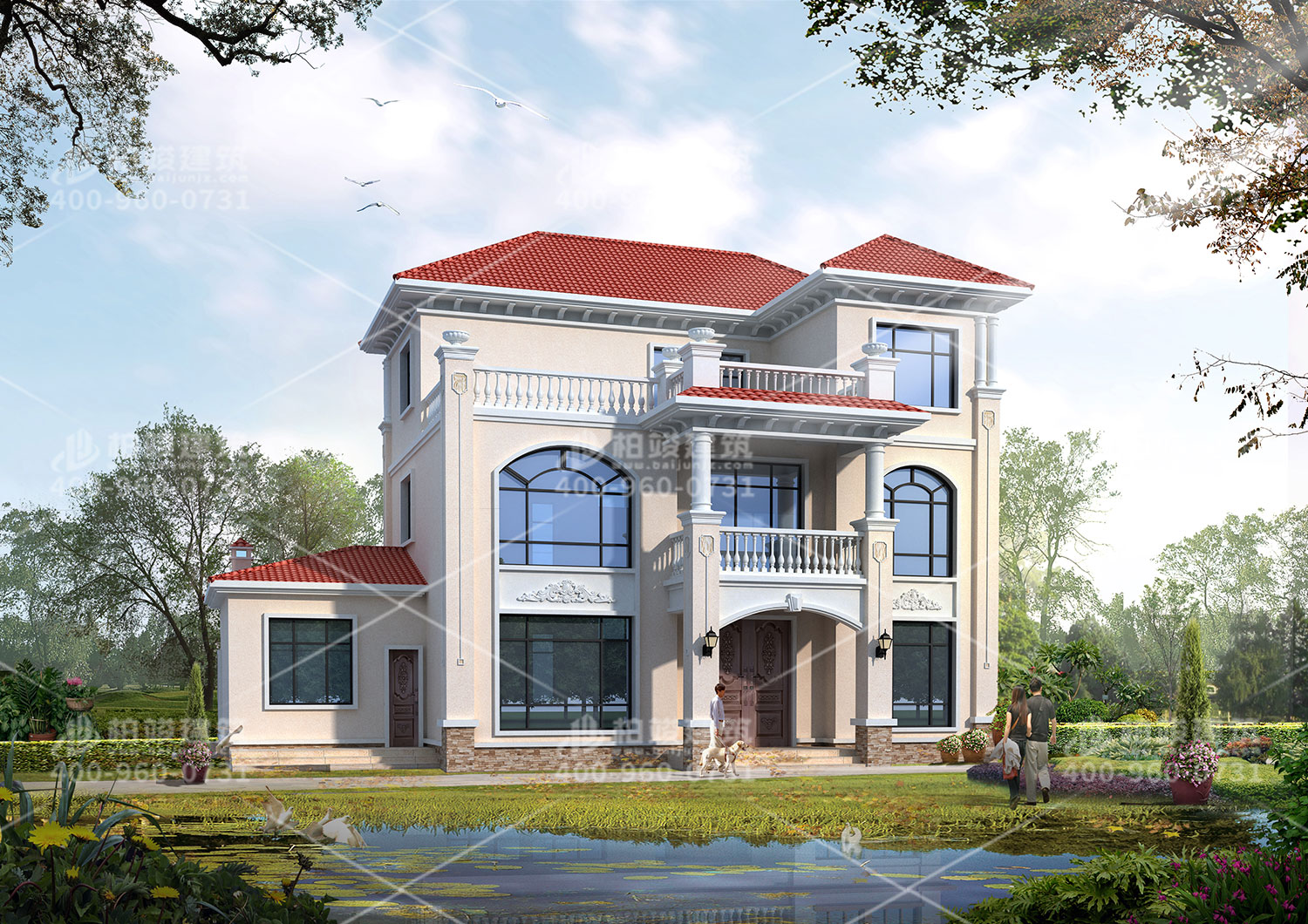 三層歐式房屋設計，斜屋頂設計，帶陽臺。