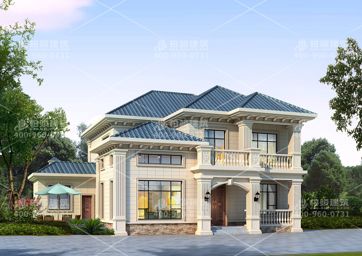 新中式別墅設(shè)計圖，帶輔房墨綠色房頂。