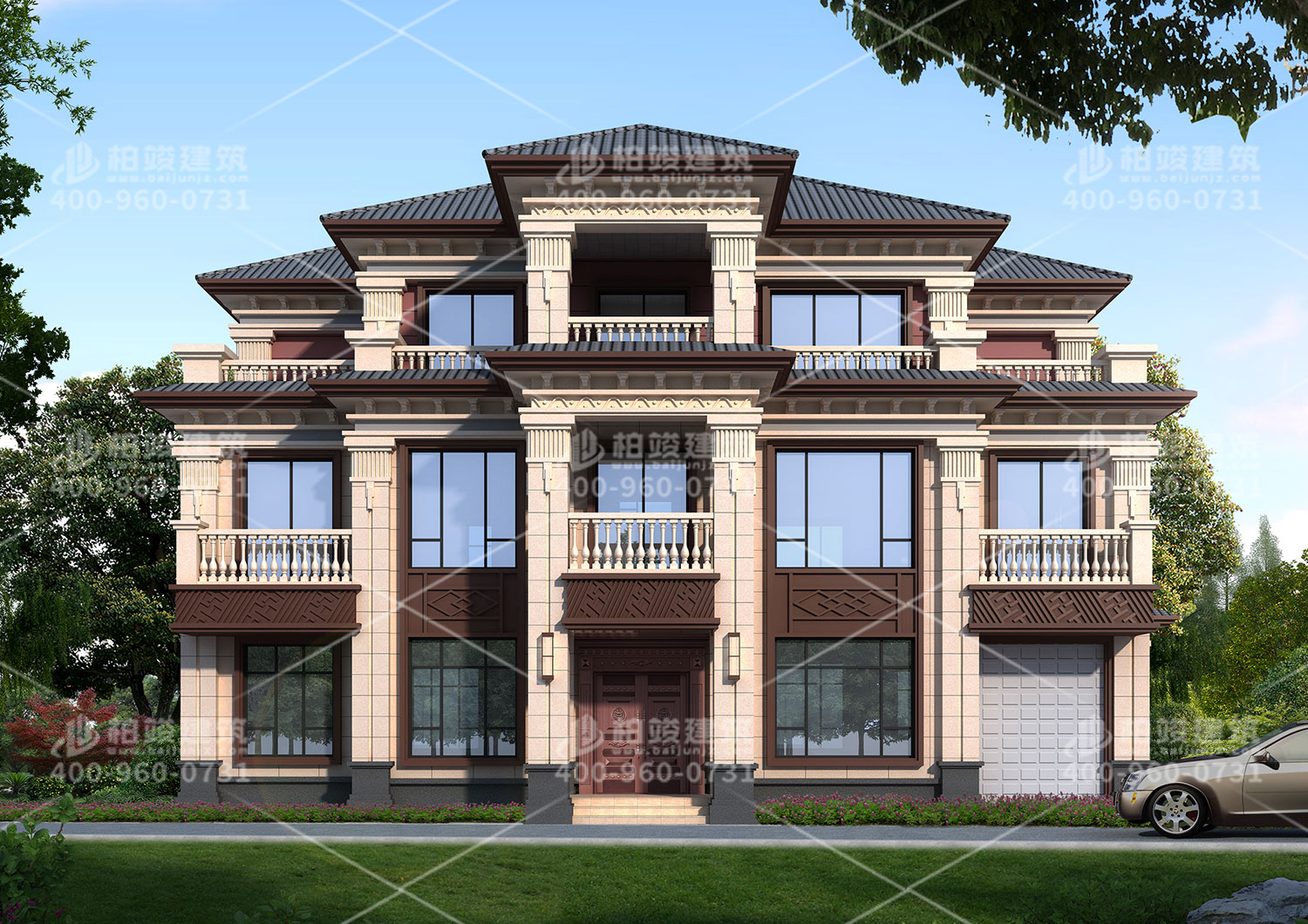 三層新中式別墅效果圖大全，帶車庫大面積豪華別墅。