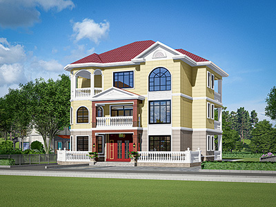 三層樓房設(shè)計圖，紅色斜屋頂美極了。