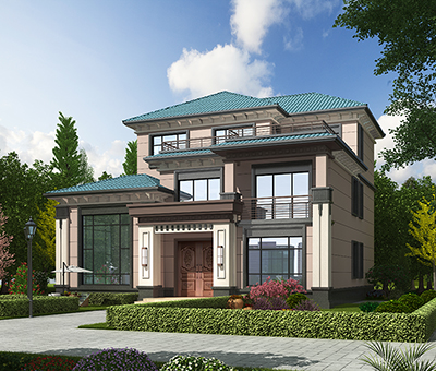 鄉(xiāng)村三層樓房設(shè)計(jì)圖，墨綠色斜屋頂。