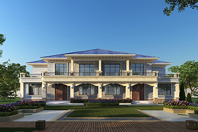 二層雙拼別墅設(shè)計(jì)，米白色和灰色搭配的外墻。