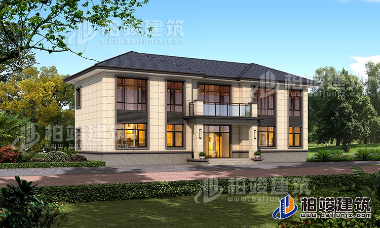 新中式二層別墅，米白色格子線條外墻十分好看。