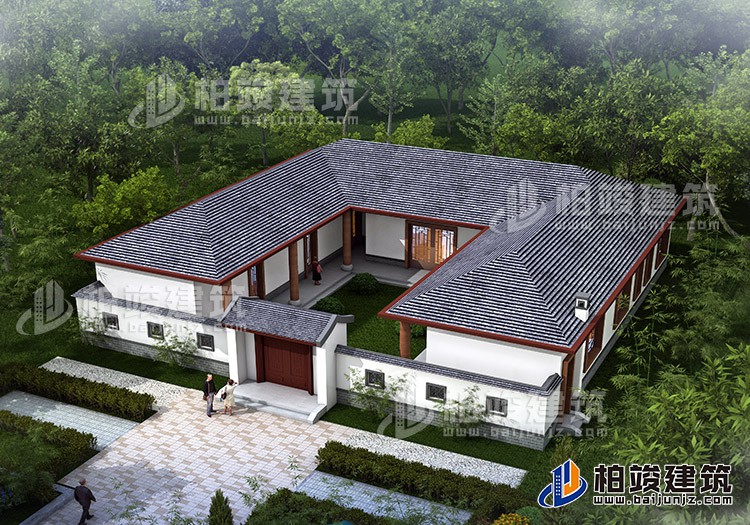 中式三合院平房設計圖及效果圖、施工圖BZ168-新中式風格