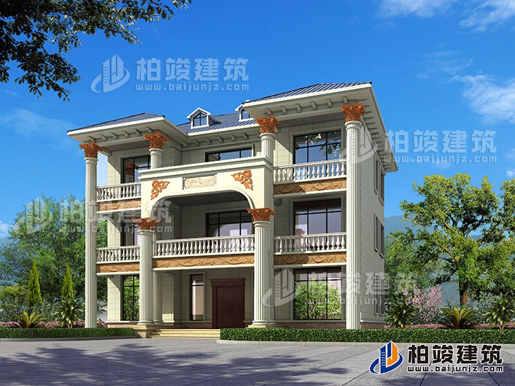 新農(nóng)村私人三層別墅建筑設計施工圖，全套別墅設計圖紙BZ372-簡歐風格