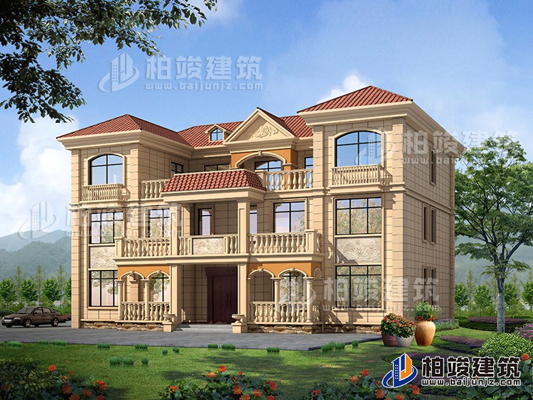 三層雙拼農(nóng)村房屋設(shè)計(jì)圖紙，全套施工圖及效果圖BZ383-簡歐風(fēng)格