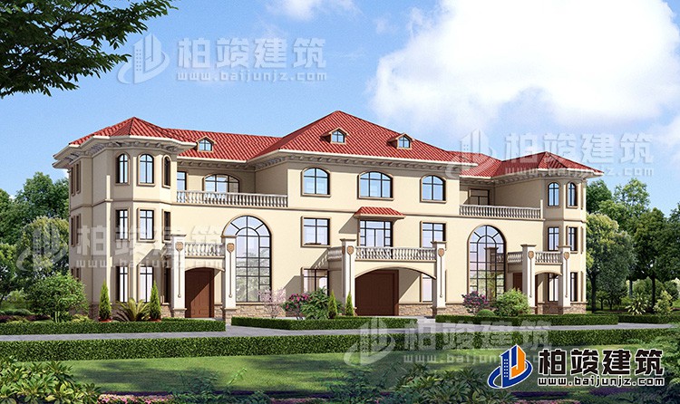 新款農(nóng)村三拼三戶別墅設(shè)計(jì)圖及效果圖三層戶型，外觀靚麗新穎BZ387-簡(jiǎn)歐風(fēng)格