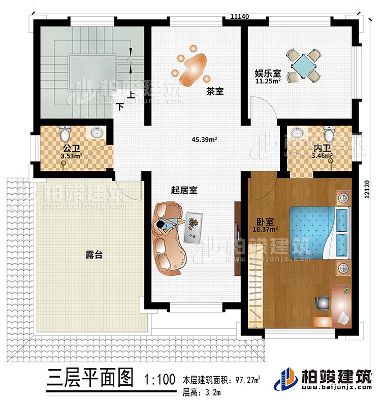 三層：起居室、茶室、娛樂(lè)室、公衛(wèi)、內(nèi)衛(wèi)、臥室、露臺(tái)