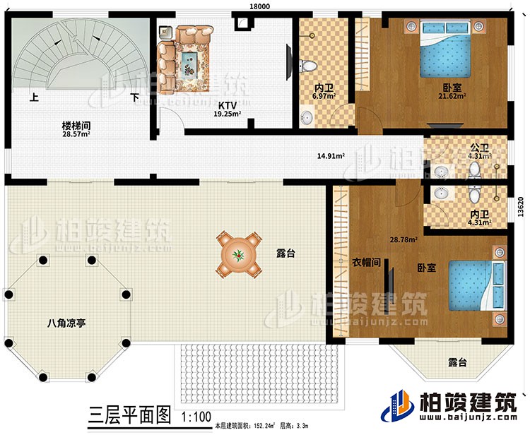 三層：樓梯間、KTV、2臥室、衣帽間、2內(nèi)衛(wèi)、公衛(wèi)、2露臺(tái)、八角涼亭