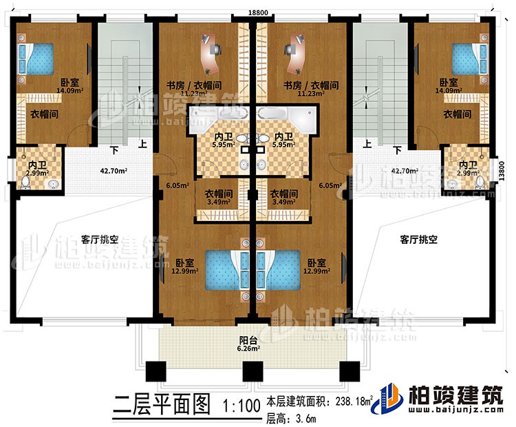 二層：2客廳挑空、4臥室、4衣帽間、2書房/衣帽間、4內(nèi)衛(wèi)、陽臺(tái)