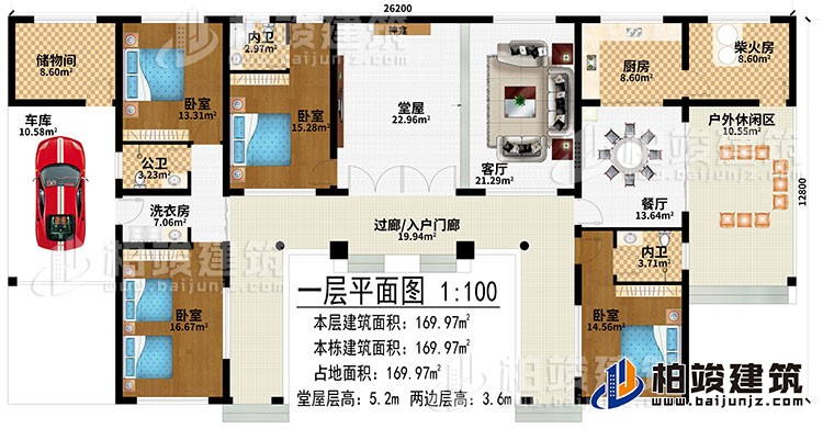 一層：過廊/入戶門廊、堂屋、神龕、客廳、餐廳、廚房、柴火房、戶外休閑區(qū)、儲(chǔ)物間、車庫(kù)、洗衣房、4臥室、2內(nèi)衛(wèi)、公衛(wèi)