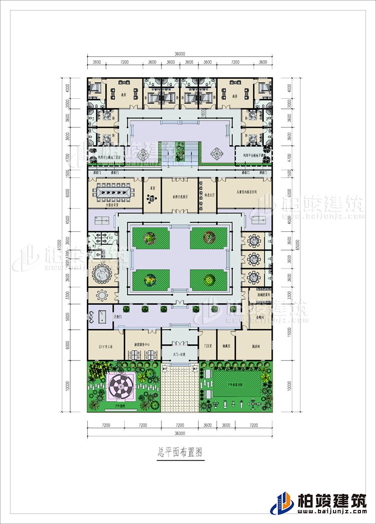 一層：2戶外花園、大門+磚碉、門衛(wèi)室、游客服務(wù)中心、手工坊、3儲藏間、5餐廳、公衛(wèi)、13內(nèi)衛(wèi)、大型會議室、茶室、文化大廳、休息大廳、兒童室內(nèi)娛樂空間、客廳、10臥室