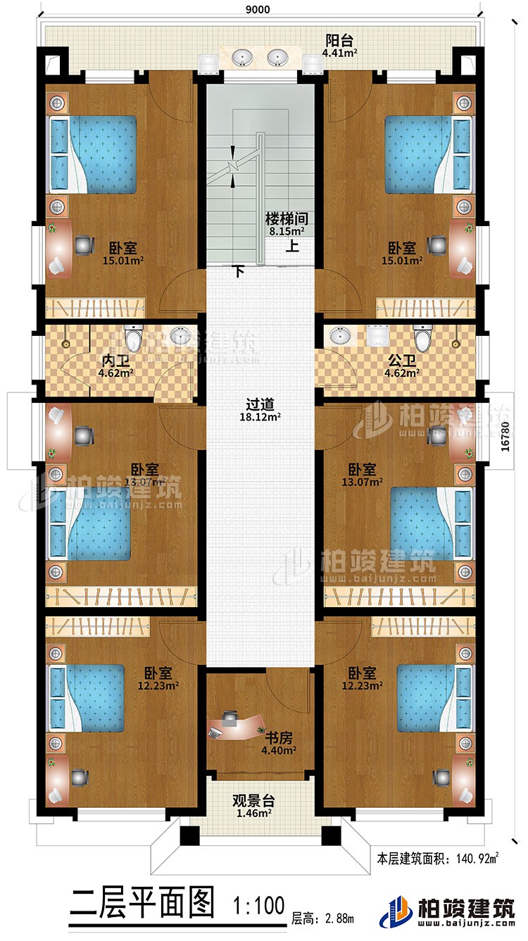 二層：6臥室、過(guò)道、樓梯間、書房、觀景臺(tái)、公衛(wèi)、內(nèi)衛(wèi)、陽(yáng)臺(tái)