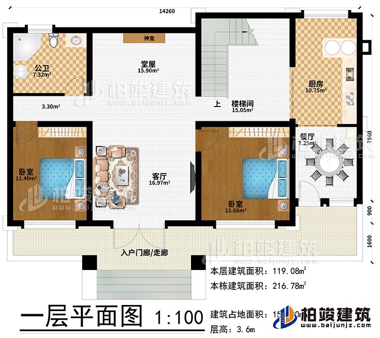 一層：入戶門廊/走廊、客廳、堂屋、神龕、樓梯間、廚房、餐廳、2臥室、公衛(wèi)