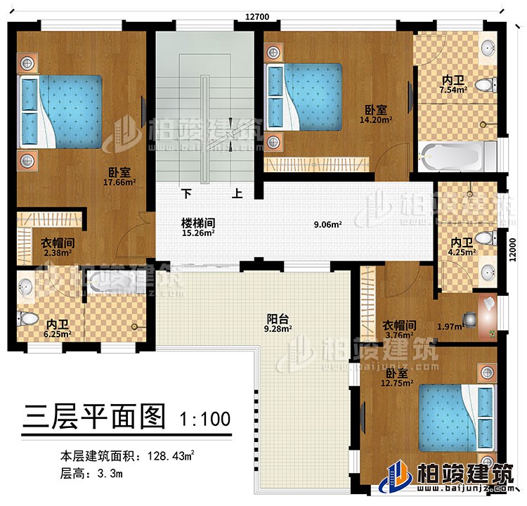三層：樓梯間、3臥室、2衣帽間、3內(nèi)衛(wèi)、陽臺