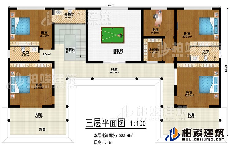 三層：健身房、過廊、樓梯間、4臥室、書房、衣帽間、公衛(wèi)、2內(nèi)衛(wèi)、2陽臺、2露臺、