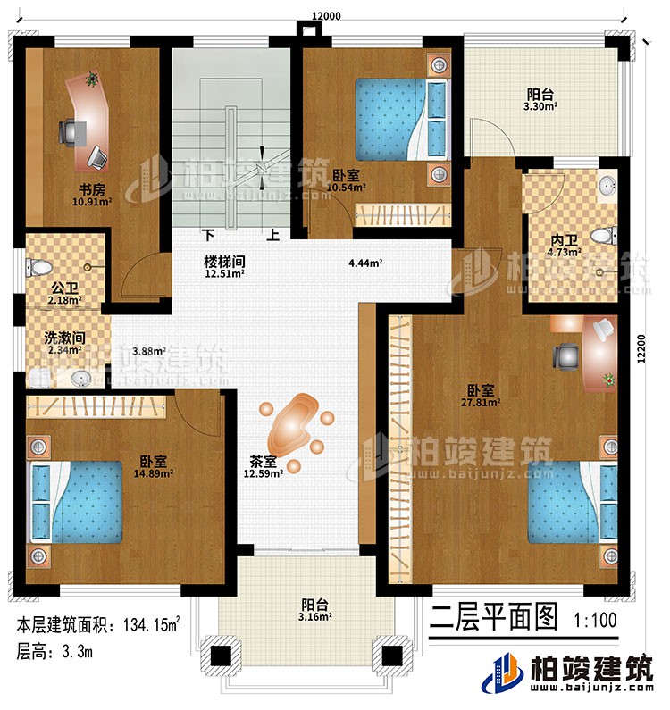 二層：樓梯間、茶室、3臥室、洗漱間、公衛(wèi)、內(nèi)衛(wèi)、2陽臺