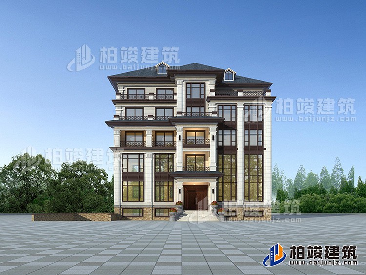 農(nóng)村五層自建房設(shè)計效果圖有電梯及地下車庫BZ506-新中式風格