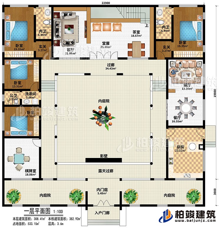 一層：入戶門廊、內(nèi)門庭、3內(nèi)庭院、棋牌室、廚房、餐廳、候廳、客廳、堂屋、茶室、2玄關(guān)、4臥室、2內(nèi)衛(wèi)、公衛(wèi)、影壁